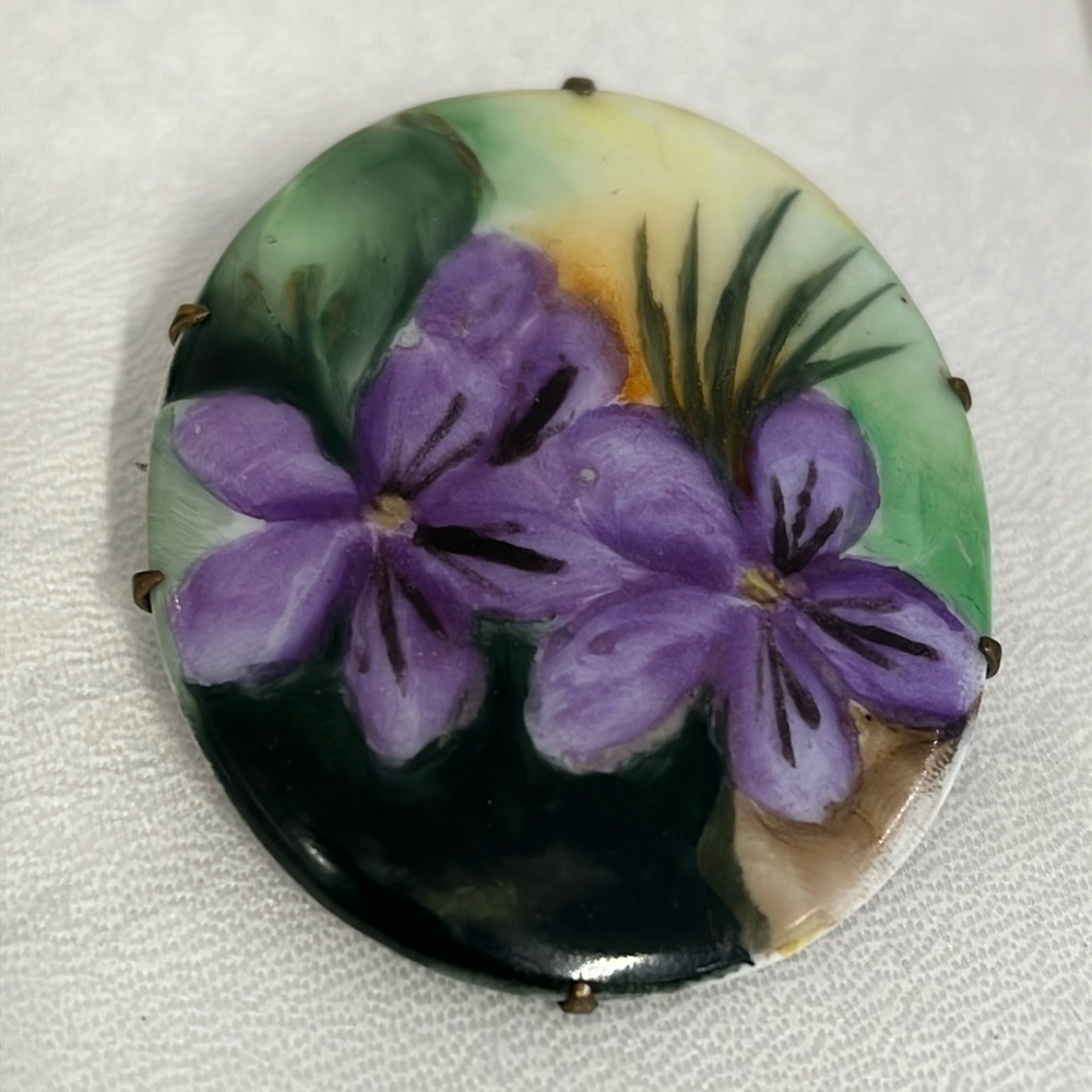 Antique Painted Porcelain Pin Brooch with Purple Violets